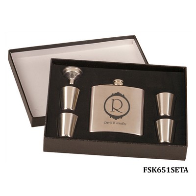 6 Oz. Gloss Stainless Steel Flask Set in Black Presentation Box