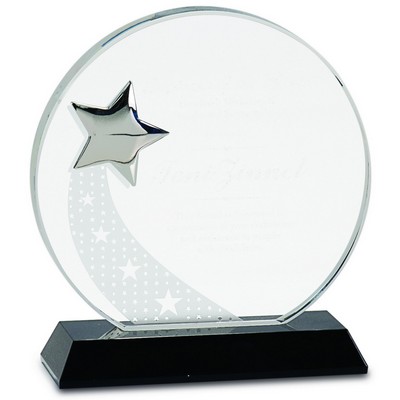 6 1/4" Round Crystal with Silver Star on Black Pedestal Base