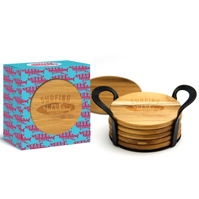 6 Piece Round Tropical Teak Wood Coaster Set In Gift Box