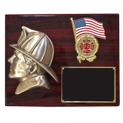 Fireman Head w/Flag & Insert on Piano Finish Plaque (10½" x 13")