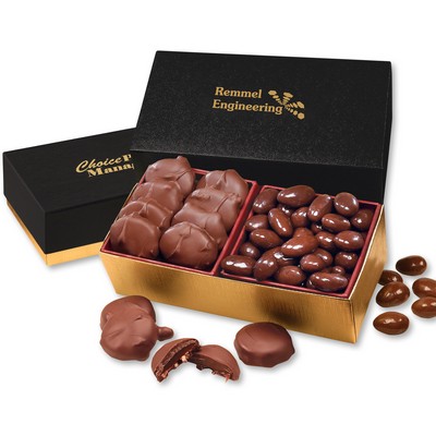 Black & Gold Gift Box w/Caramel Pecan Clusters & Chocolate Almonds