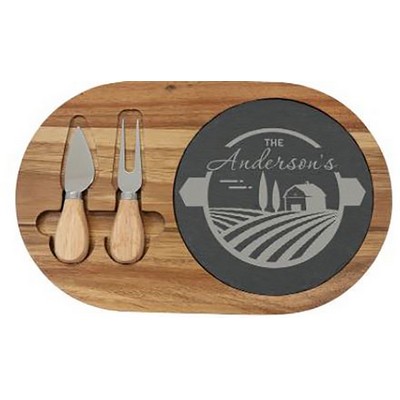 7.75" x 12.5" Acacia Wood with Inlaid Slate Cheese Set