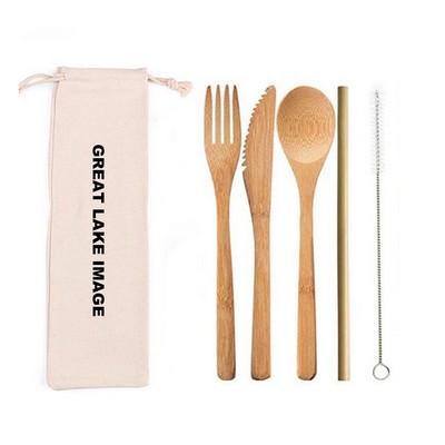 Eco-Friendly Bamboo Cutlery Set with Drawstring Bag