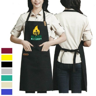 14 oz. Poly-Canvas Kitchen Apron w/ Leather accent & 2 front pocket 30"L x 25.6"W