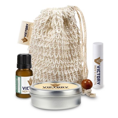 Loofah Bag with Essential Oil, Candle Tin, and Lip Balm