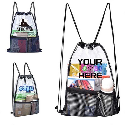 Clear Drawstring Backpack with Front Zipper Mesh Pocket