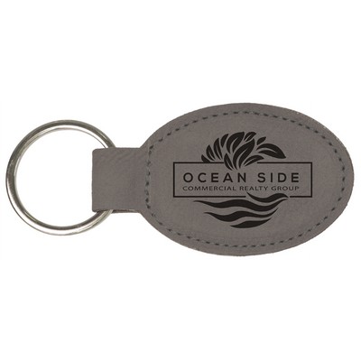 3" x 1 3/4" Gray Laserable Leatherette Oval Keychain