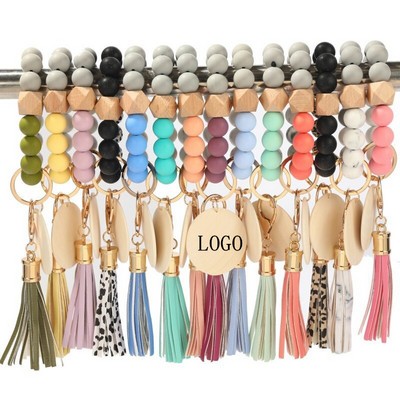 Silicone Bead Wood Tag Bracelet Key chain with Tassel