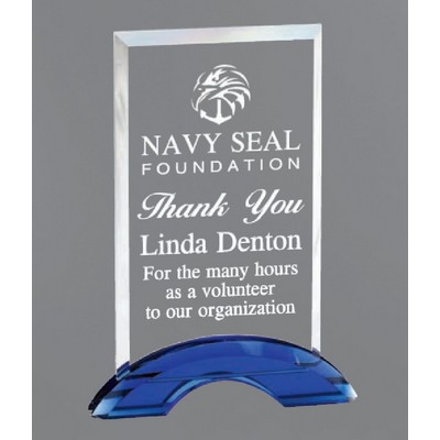 Cascata Rectangle Crystal Award with Blue Base, 8 3/4"H