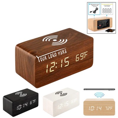 Multifunctional Digital Wooden Alarm Clock with Wireless Charging