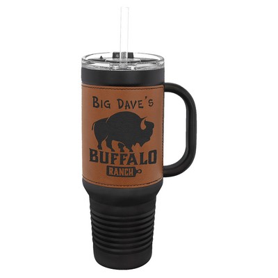 Polar Camel 40 oz. Black with Rawhide Laserable Leatherette Travel Mug with a Handle, Straw Inc