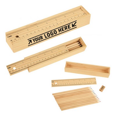 12- Piece Colored Pencil W/Sharpener Set In Wooden Ruler Box