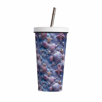 17oz Reusable Sea-Themed Stainless Steel Tumbler with Metal Straw