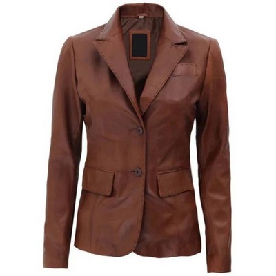 Women Two Button Leather Blazer Jacket