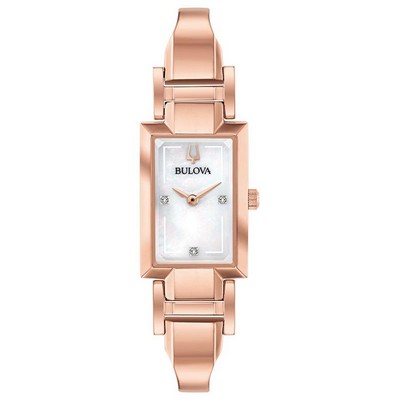 Bulova Watches Ladies' Rose Gold Tone Tank Cuff Watch w/Diamond Accent/White Mother Of Pearl Dial