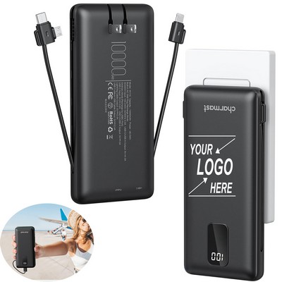 10000mAh Portable Charger with AC Wall Plug and Built-in Cables