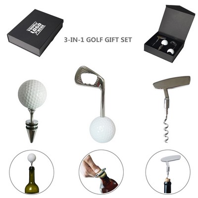 3-in-1 Golf Design Luxury Wine Gift Set with Corkscrew and Stopper