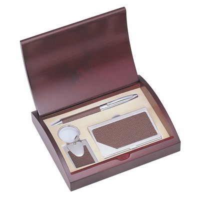 Executive Pen, Card Case, and Key Chain Set in Brown Leather