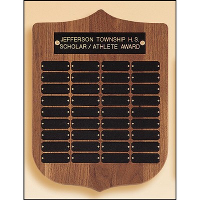 Walnut Shield Perpetual Plaque w/Brushed Brass Plates (12" x 16")