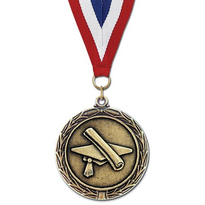 2 1/4" Graduation LX Medal w/ Red/White/Blue or Year Grosgrain Neck Ribbon