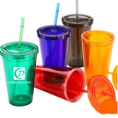 16 Oz. Plastic Double Wall Travel Mug Tumbler With Straw Volume