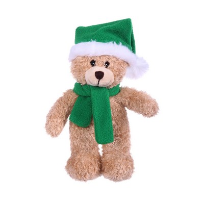 Soft Plush Tan Bear with Christmas Hat and Scarf