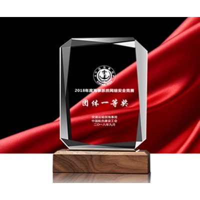 Square Rectangle Crystal Award with Wood Base