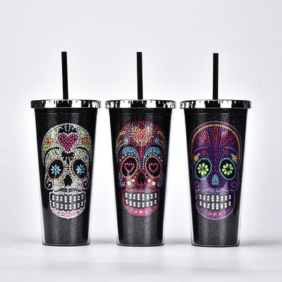 Diamond Skull Reusable Tumbler Cup w/Straw