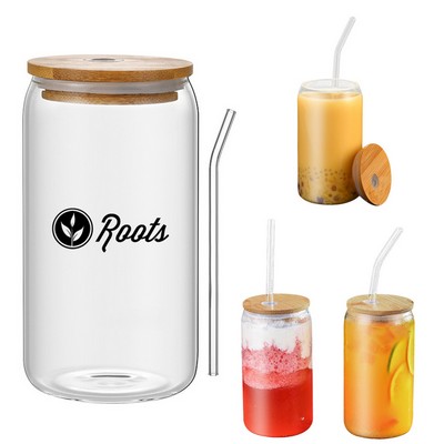 16 Oz. Drinking Glasses w/Bamboo Lid & Glass Straw