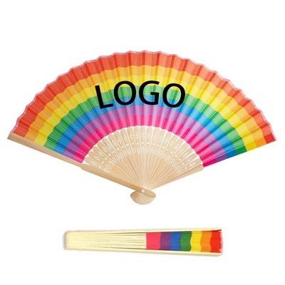 8 1/3" LGBT Pride Rainbow Natural Bamboo Wood & Polyester Folding Handheld Fans