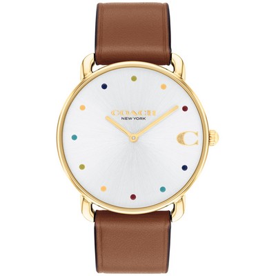 Coach® Ladies Elliot Gold Plated Watch w/Rainbow Markers & Saddle Brown Leather Strap