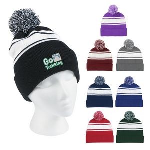 Two Tone Knit Pom Beanie with Cuff