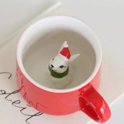 Red Ceramic Mug with Christmas Bunny