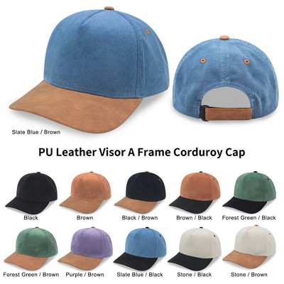 PU Leather Visor A Frame 2-Tone Corduroy Cap