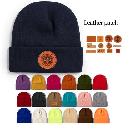 Knit Beanie With Cuff - PU Leather Patch