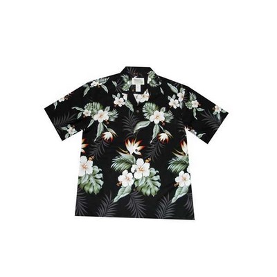 Black Hawaiian Border Print Cotton Poplin Shirt w/ Button Front