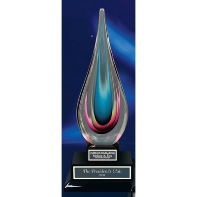 15" Crystal Black Teardrop Art Glass Award w/Piano Finished Base