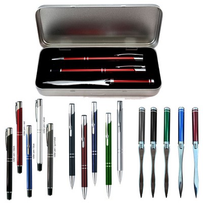 Sleek Anodize Aluminum Stylus Ball Pen/Roller Ball Pen/Letter Opener in Tin Metal Case