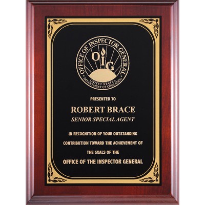 Cherry Piano Finish Plaque Series: Black-Gold Brass Plate, Leaf Border, 9"x12"