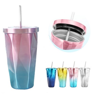 Stainless steel rhombus cup with straw