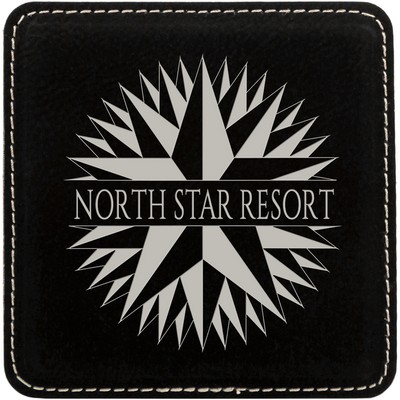 4" x 4" Square Laserable Coaster, Black-Silver Leatherette