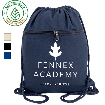 7 oz Cotton Canvas Drawstring Bag Navy Blue - Eco Friendly Sports & Gym Backpack w/ Pocket 17 x 14