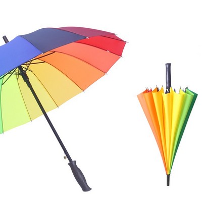 Windproof Large 16-Bone Long Handle Straight Rainbow Umbrella