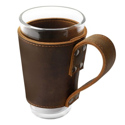 Leather Beer Cooler Cup Sleeve w/Handle Design for 16 Oz. Glass Pint