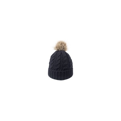 Cable Knit Beanie w/Faux Fur Pom