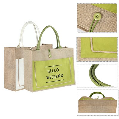 Jute Burlap Tote Bag With Canvas Front Pocket