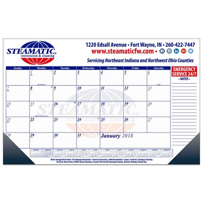 17" x 11" 13 month desk pad calendar one color form one/color art with Vinyl corners.