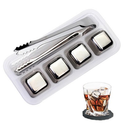 4 PCS Stainless Steel Ice Cubes With Tong