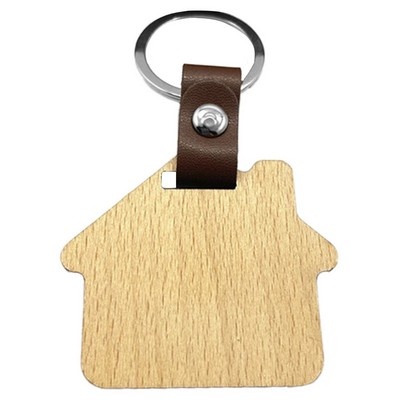 House Wood Keychain w/ Leather Strap