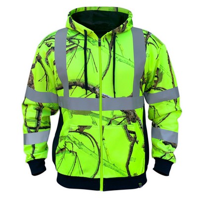 Backwoods Camo High Visibility Yellow Class 3 Type-R Reflective Zip Up Safety Hoodie